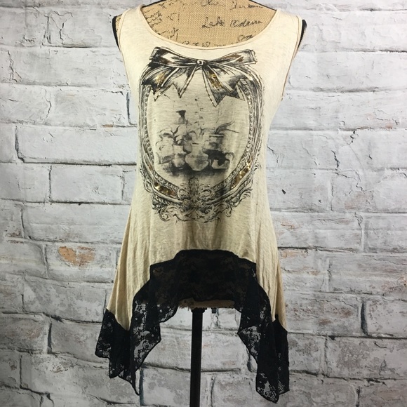 Annabelle Tops - Annabelle SharkBite Lace Metallic “portrait” Tunic
